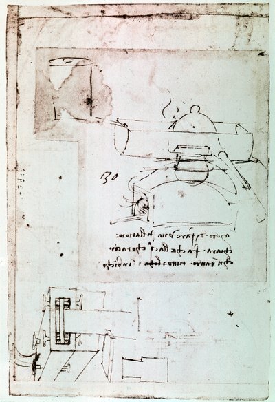 Fragment uit een Da Vinci manuscript dat het principe en de constructie beschrijft van een "Distillator met continue koeling" (manuscript) door Leonardo da Vinci