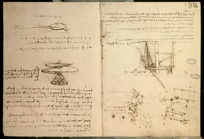 Vliegmachines, een van de eerste tekeningen van een helikopterachtige vliegmachine, ca. 1487 door Leonardo da Vinci