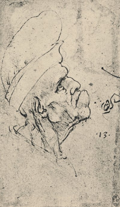 Karikatuur van een man met een hoed naar rechts, ca. 1480 door Leonardo da Vinci