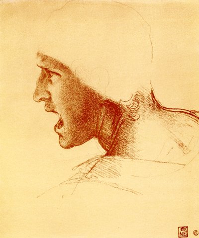 Hoofd van schreeuwende en aanvallende krijger door Leonardo da Vinci