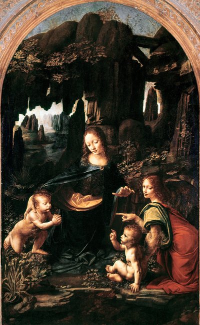 Madonna van de Rotsen, ca. 1483-94 (olieverf op paneel overgebracht op doek) door Leonardo da Vinci