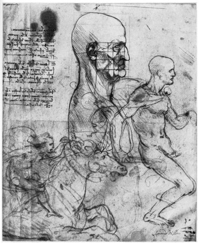 Profiel van een mannenhoofd en studies van twee ruiters, ca. 1490 en ca. 1504 door Leonardo da Vinci