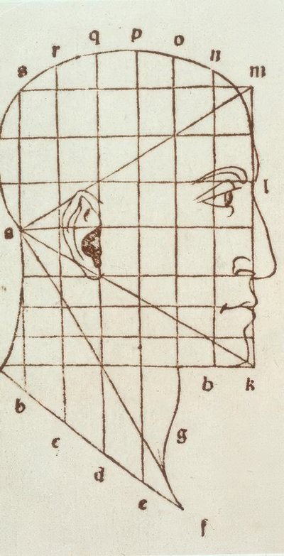 Proportiestudie van het menselijk hoofd door Leonardo da Vinci