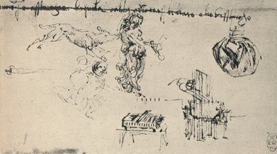 Blad met Studies van een Jonge Vrouw, Een Wolf, Etc., ca. 1480 1945 door Leonardo da Vinci