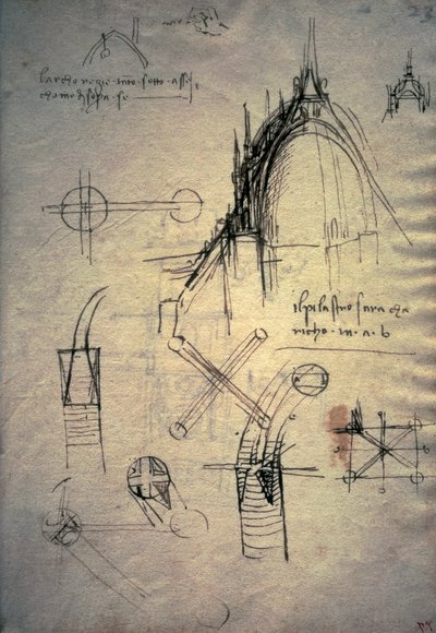 Studies voor lantaarn van kathedraal, Codex Trivulzianus door Leonardo da Vinci