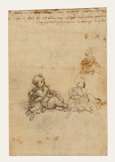 Schetsen voor het Christuskind met een lam (voorkant); Hoofd van een oude man, en schetsen van machines (achterkant) door Leonardo da Vinci