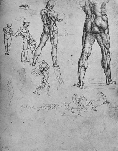 Studies van naakte soldaat met zwaard en kleinere schetsen door Leonardo da Vinci