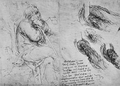 Studies van een oude man zittend en van kolkend water, ca. 1480 1945 door Leonardo da Vinci