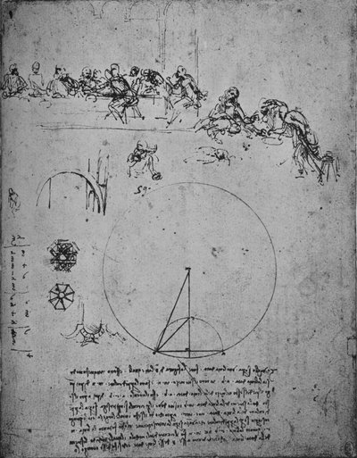 Studie voor het Laatste Avondmaal en wiskundige figuren en berekeningen, c1480 1945 door Leonardo da Vinci