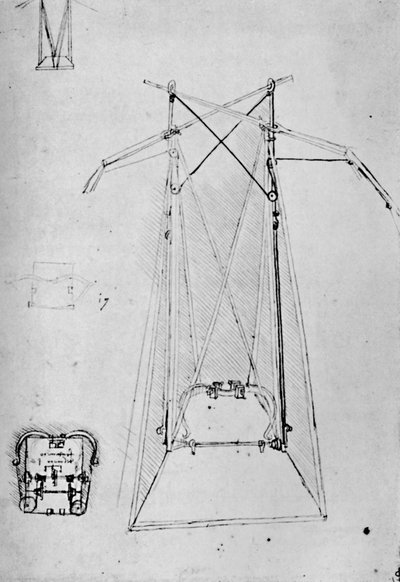 Studie van Motiefapparaat van Vliegmachine met Grondplan van Mechanisme van Basis, 1928 door Leonardo da Vinci