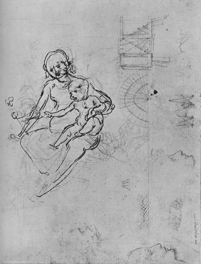 Studie van een Madonna en Kind, van profielen en van machines door Leonardo da Vinci