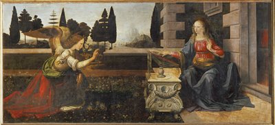 De Annunciatie (olieverf op hout) door Leonardo da Vinci