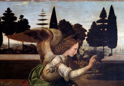 De annunciatie (detail van de engel) door Leonardo da Vinci