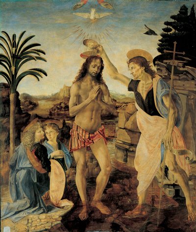 De Doop van Christus rond 1475 - 1478 door Andrea del Verrocchio en Leonardo da Vinci door Leonardo da Vinci