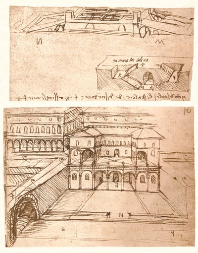Twee tekeningen van plannen voor steden door Leonardo da Vinci