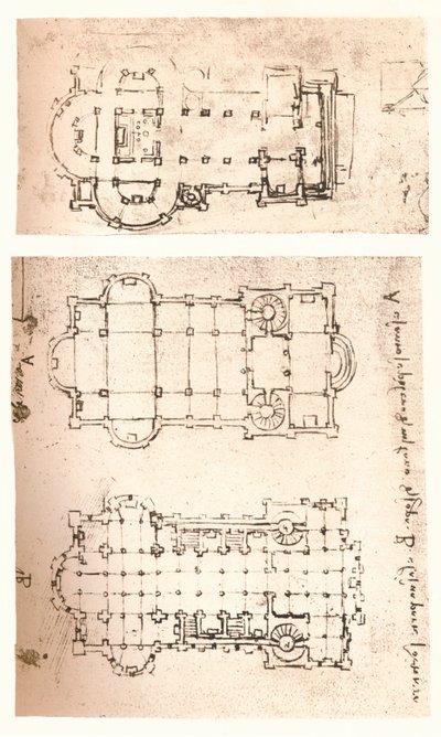 Twee plannen van kerken door Leonardo da Vinci