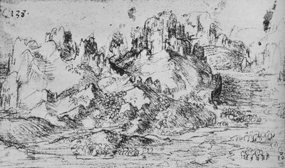 Uitzicht over een vallei met bergen daarachter door Leonardo da Vinci