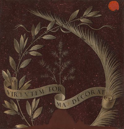 Krans van Laurier, Palm en Jeneverbes met een Scroll met de inscriptie Virtutem Forma Decorat [achterkant], ca. 147 door Leonardo da Vinci