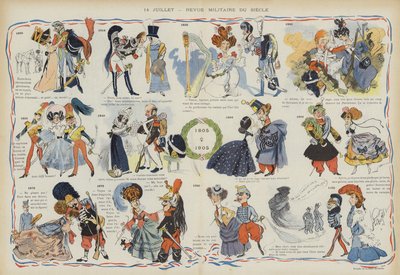 14 juli - militaire parade van de afgelopen eeuw. Illustratie voor Le Rire door Leonce Burret