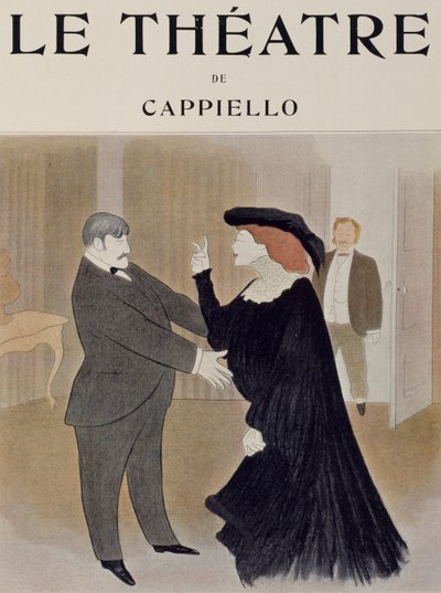 Acteurs Lucien Quitry en Jane Harding in scène uit La Chatelaine, uitgevoerd in Renaissance Theatre in Parijs, tekening door Leonetto Cappiello, titelpagina van tijdschrift Theatre, april 1903 door Leonetto Cappiello