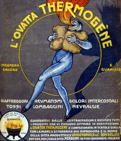 Advertentie voor thermogene watten tegen verkoudheid, inwendige pijnen, reuma, hoest, neuralgie en spit (tekening door L. Cappiello, Italië, 20e eeuw) door Leonetto Cappiello