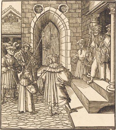 Drie mannen en een jongen in de binnenplaats van een kasteel, rechts drie mannen op een trap door Leonhard Beck