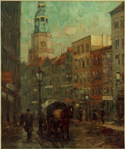 Straat met paardenkoets, kerktoren op de achtergrond door Leonhard Sandrock