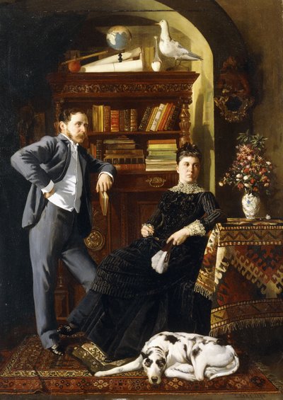 Een Koppel in een Interieur met een Hond door Leopold Bara