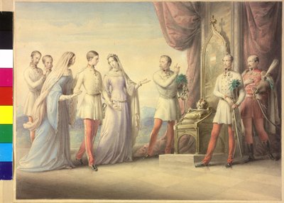 Keizerin Maria Anna en aartshertogin Sophie met keizer Franz Joseph I door Leopold Kupelwieser