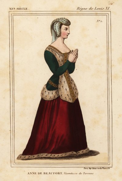Anne Rogier de Beaufort, Burggraaf van Turenne 1435-1479. Handgekleurde lithografie naar een glas-in-loodraam in de kerk van Cordelieres de Nantes in Roger de Gaignieres