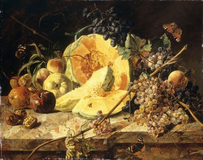 Een stilleven met fruit, noten en insecten, 1835 door Leopold Zinnogger