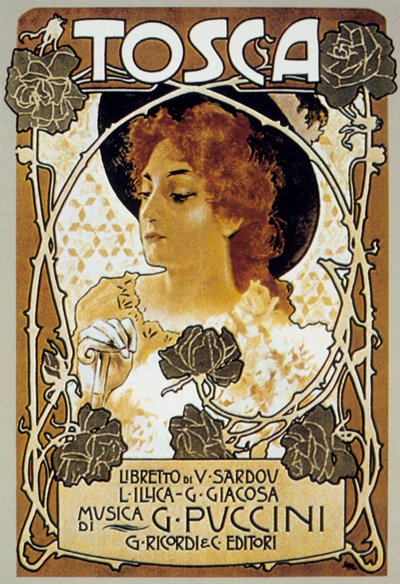 Omslag door Leopoldo Metlicovitz van de partituur van de opera Tosca door Giacomo Puccini door Leopoldo Metlicovitz