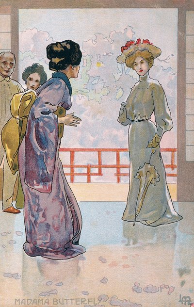 Ansichtkaart gemaakt voor de première van "Madame Butterfly", in Brescia door Leopoldo Metlicovitz