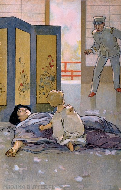 Ansichtkaart gemaakt voor de première van "Madame Butterfly", in Brescia door Leopoldo Metlicovitz