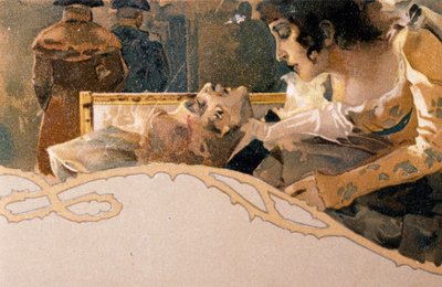 Ansichtkaart geïllustreerd door Leopoldo Metlicovitz (1868-1944) met scènes uit Tosca, opera van Giacomo Puccini (1858-1924) door Leopoldo Metlicovitz