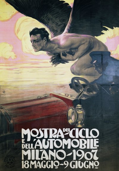 Poster voor Auto- en Fietsshow, Milaan 18 mei-9 juni door Leopoldo Metlicovitz