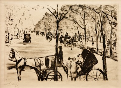 Laan in het Tiergarten met koets op de voorgrond door Lesser Ury
