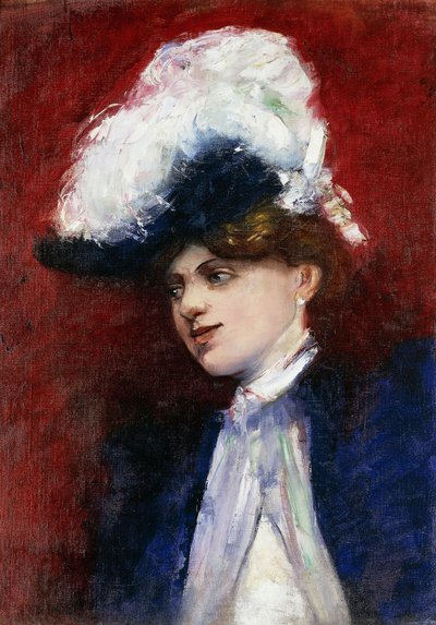 Elegante vrouw met verenhoed door Lesser Ury