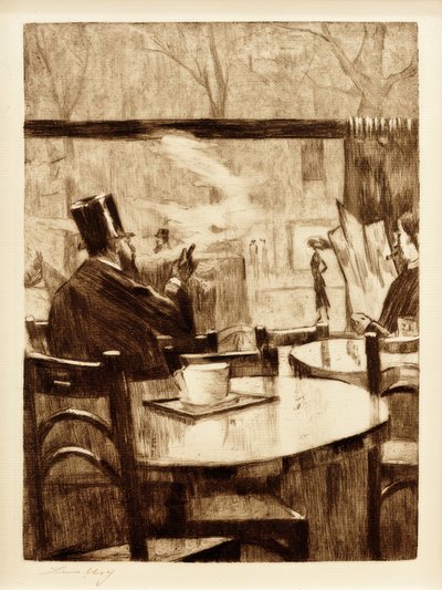 Man met hoge hoed voor een caféraam - Achteraanzicht door Lesser Ury