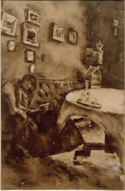 Interieur met lezende dame door Lesser Ury