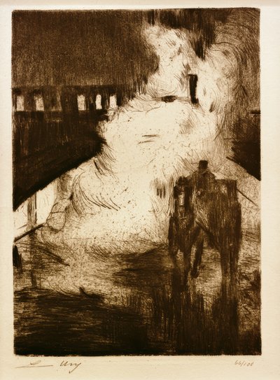 L. Ury, Nachtelijke Impressies (met Paardentram voor Locomotiefstoom) door Lesser Ury