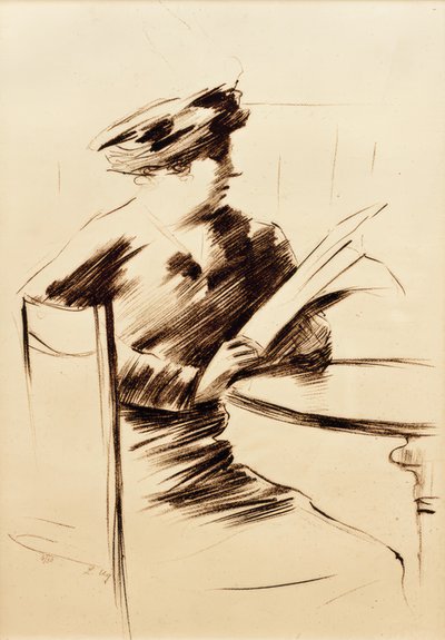 Lezende dame in café II door Lesser Ury