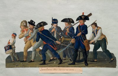 Franse Revolutie: Jonge mannen gaan oefenen met het kanon. Gravure door de gebroeders Lesueur (18e eeuw). Parijs, Musee Carnavalet door Lesueur Brothers