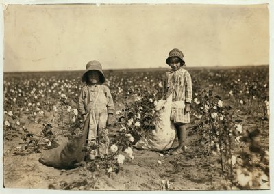 Jewel en Harold Walker, 6 en 5 jaar oud, plukken 20 tot 25 pond katoen per dag in Geronimo, Comanche County Oklahoma, 1916 door Lewis Wickes Hine