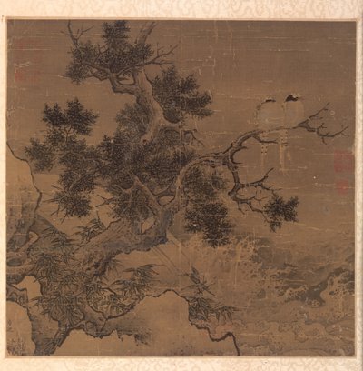 Vogels op een boom boven een waterval, 1127-1279 door Li Di