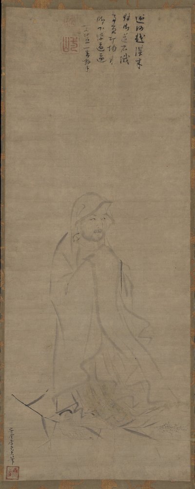 Bodhidharma steekt de Yangzi-rivier over op een riet, voor 1317 door Li Yaofu