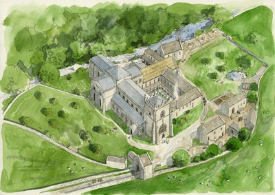 Reconstructie van de abdij van Shap in de jaren 1530 (aquarel op papier) door Liam Wales