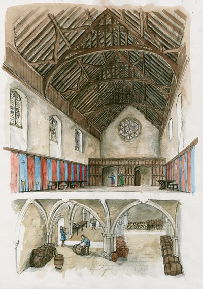 Reconstructie van Winchester Palace uit de middeleeuwen (aquarel op papier) door Liam Wales