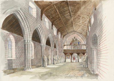 Reconstructie van het schip van de abdijkerk in Shap Abbey rond 1530 (aquarel op papier) door Liam Wales