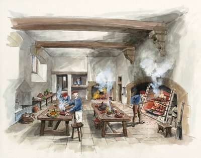 Reconstructie van de keuken van Hardwick Old Hall in 1601 (aquarel op papier) door Liam Wales